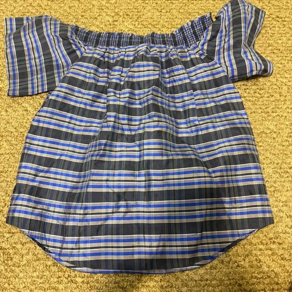 Chic J. Crew Collection Black and Blue Plaid 100% Silk Off the Shoulder Blouse